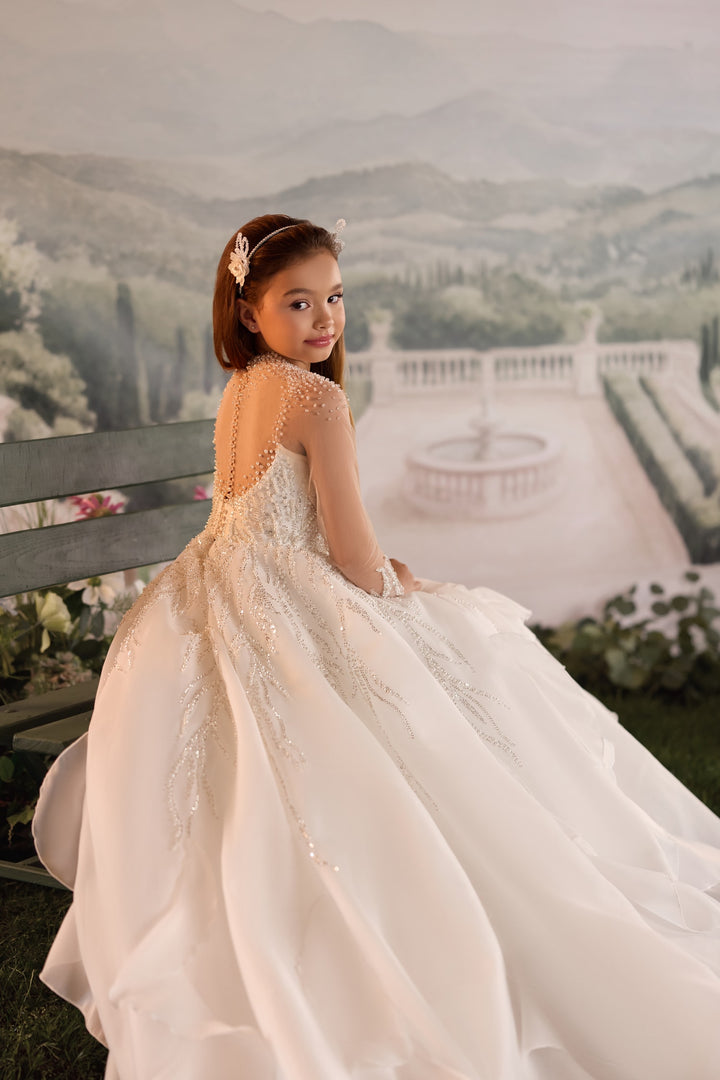 Pentelei 3928 Beaded Ruffle Train Kids Ball Gown