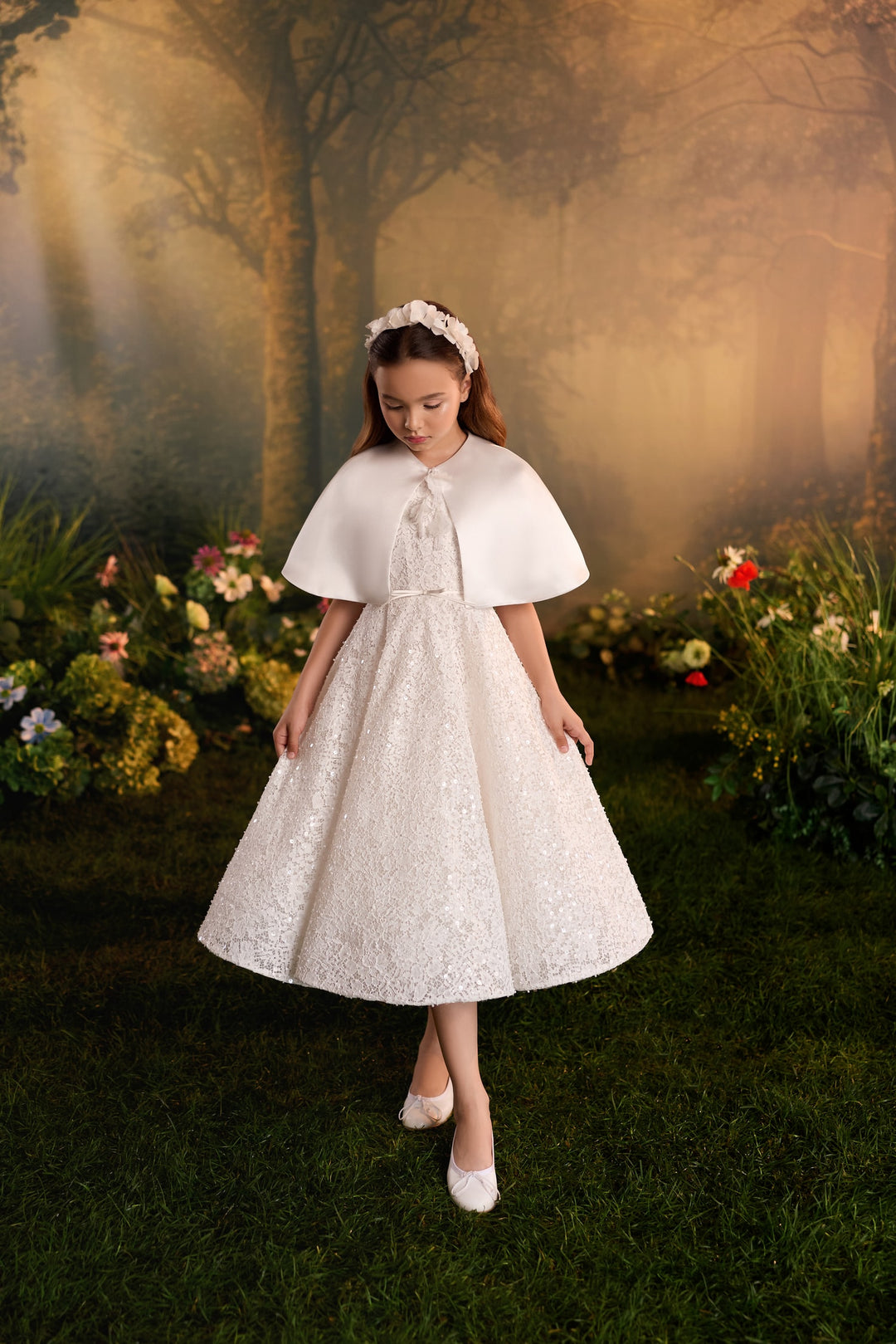 Pentelei 3930 Sequin Lace Tea-Length Dress with Optional Cape Kids Dress