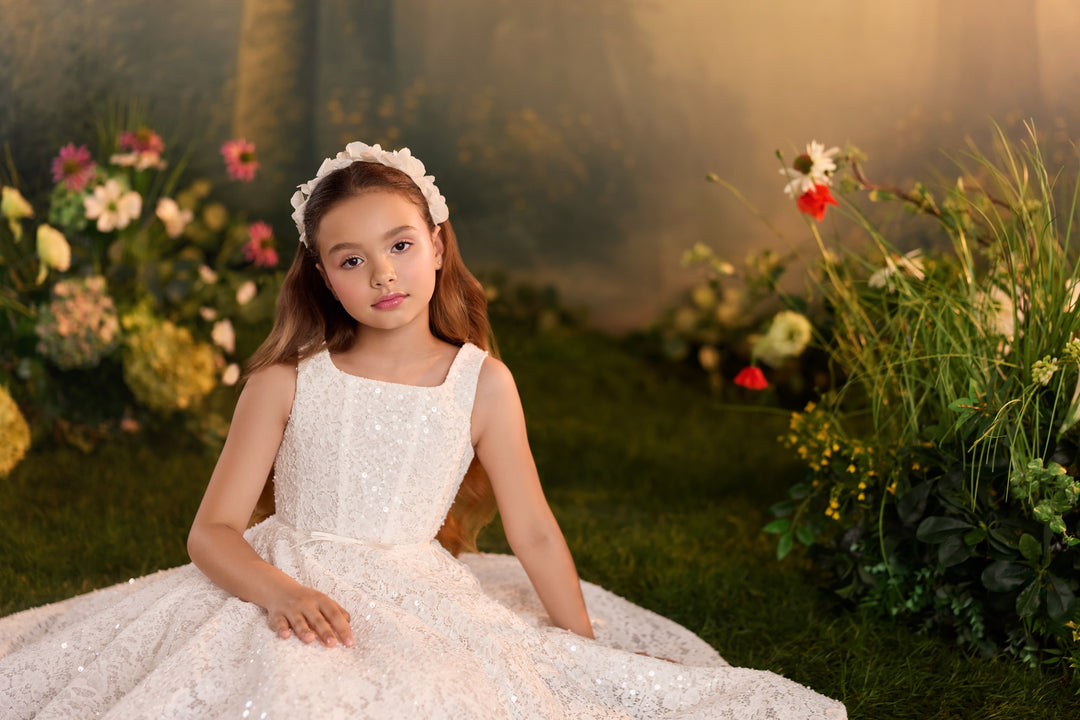 Pentelei 3930 Sequin Lace Tea-Length Dress with Optional Cape Kids Dress