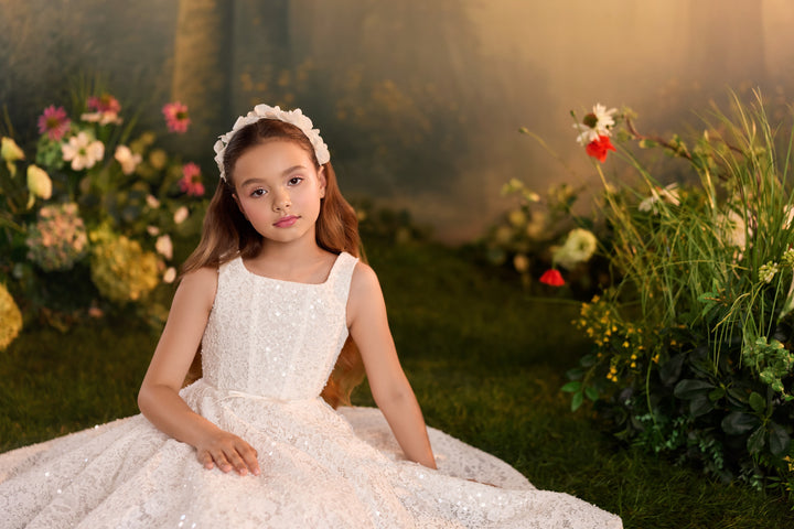 Pentelei 3930 Sequin Lace Tea-Length Dress with Optional Cape Kids Dress