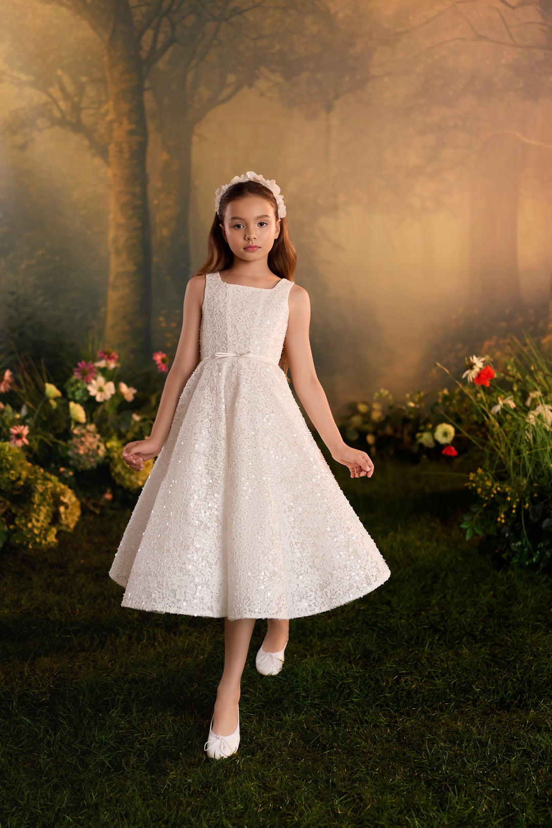 Pentelei 3930 Sequin Lace Tea-Length Dress with Optional Cape Kids Dress