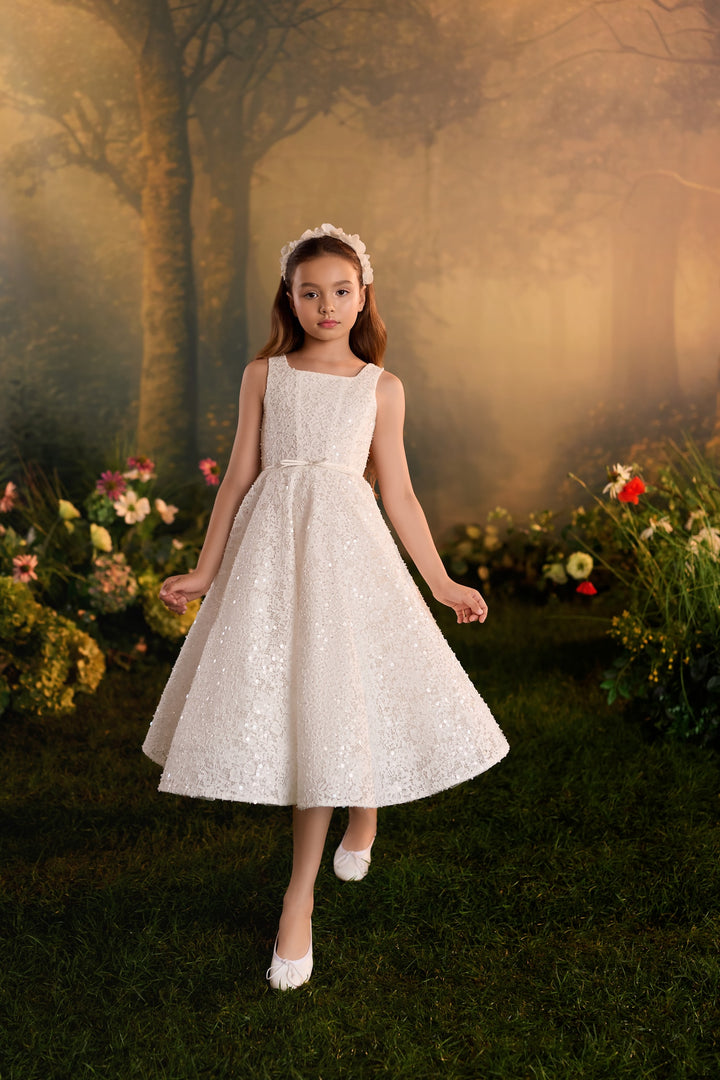 Pentelei 3930 Sequin Lace Tea-Length Dress with Optional Cape Kids Dress