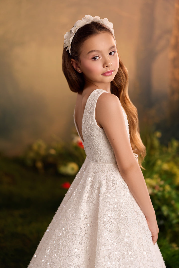 Pentelei 3930 Sequin Lace Tea-Length Dress with Optional Cape Kids Dress