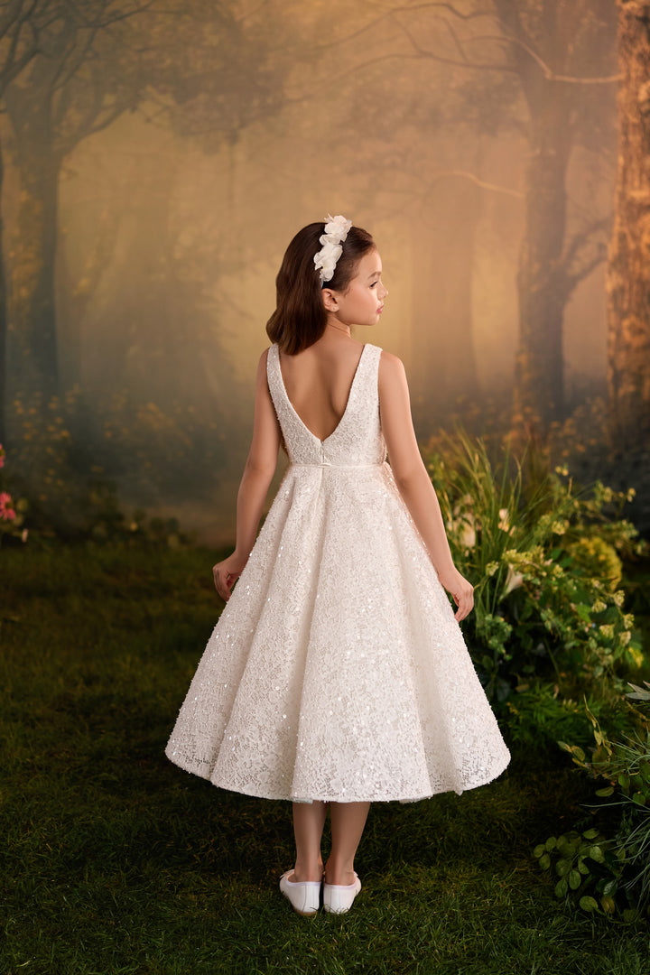 Pentelei 3930 Sequin Lace Tea-Length Dress with Optional Cape Kids Dress