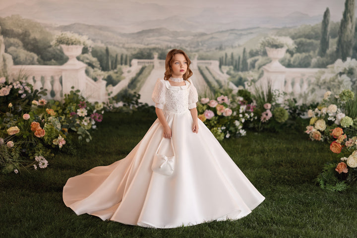 Pentelei 3935 Lace Puff Sleeve Satin Ball Gown Kids Dress