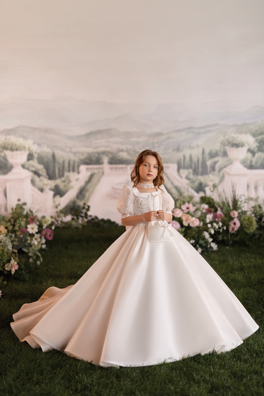 Pentelei 3935 Lace Puff Sleeve Satin Ball Gown Kids Dress