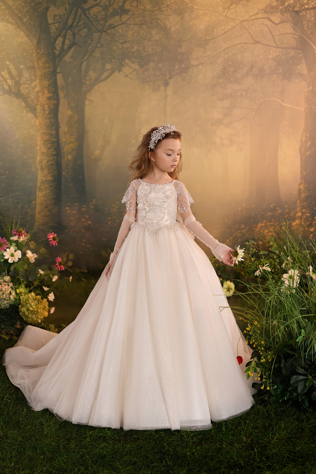 Pentelei 3943 Crystal Beaded Glitter Tulle Ball Gown Kids Dress