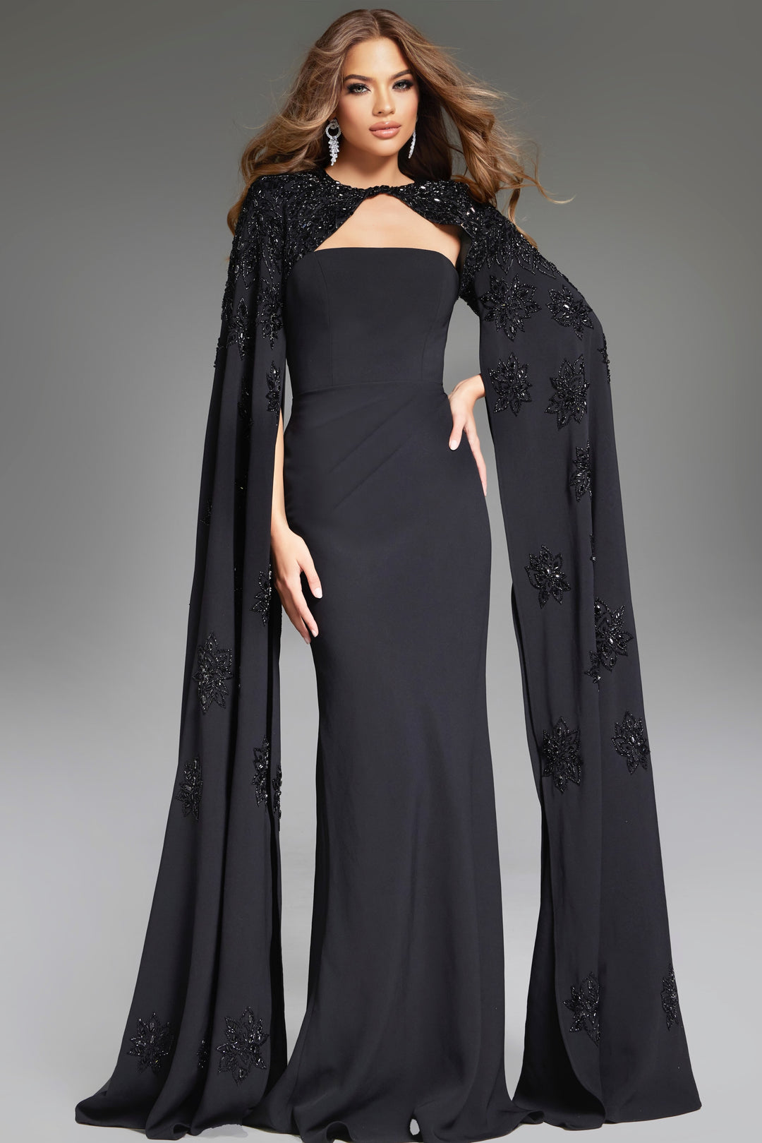 Jovani 39957 Fitted Gown with Beaded Cape and Floral Appliqué