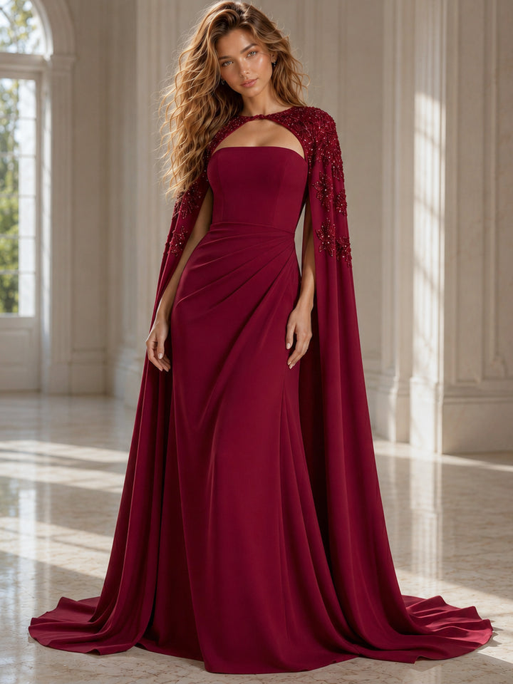 Jovani 39957 Fitted Gown with Beaded Cape and Floral Appliqué