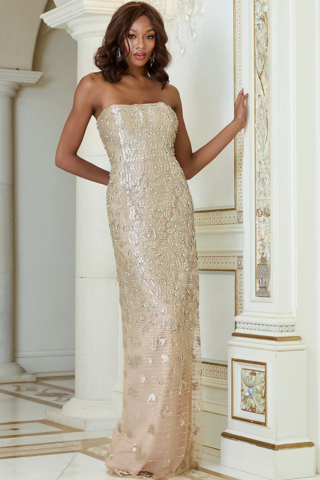 Jovani 40887 Strapless Sequin Column Gown with Embellished Detail