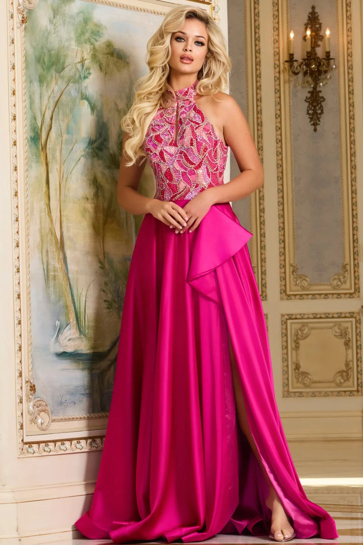 Jovani 41186 Halter Neck A-Line Gown with Beaded Bodice