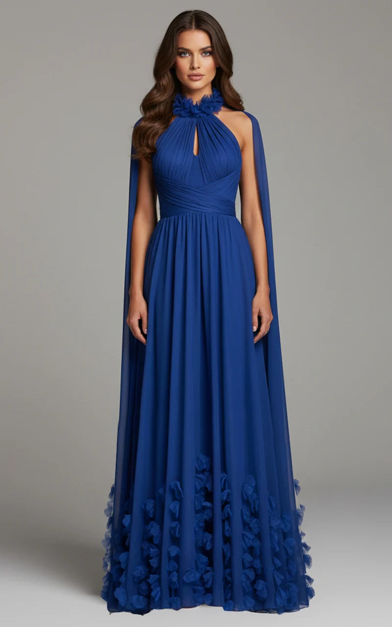 Jovani 42861 Halter Neck Pleated Gown With Floral Appliqué