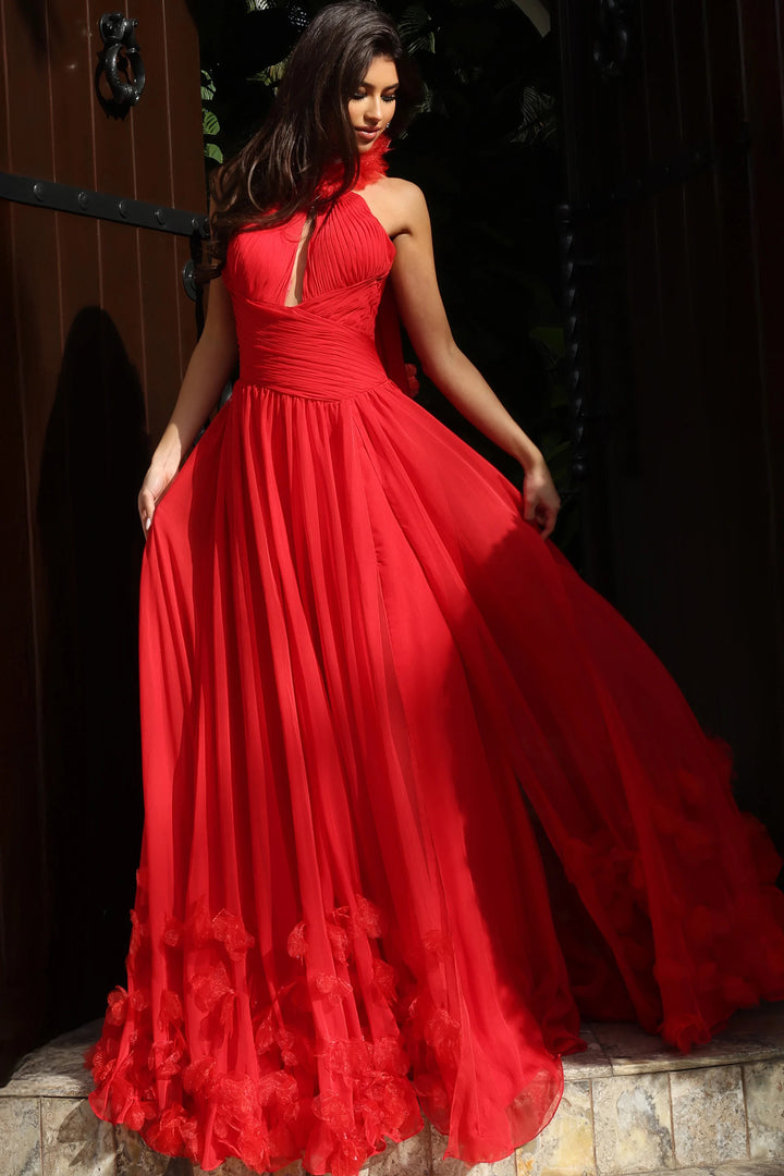 Jovani 42861 Halter Neck Pleated Gown With Floral Appliqué