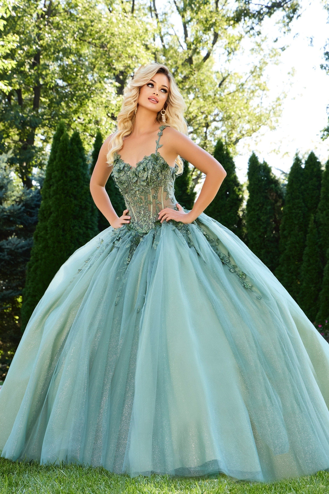 Jovani Q43437 Embellished Quinceañera Gown with Floral Appliques