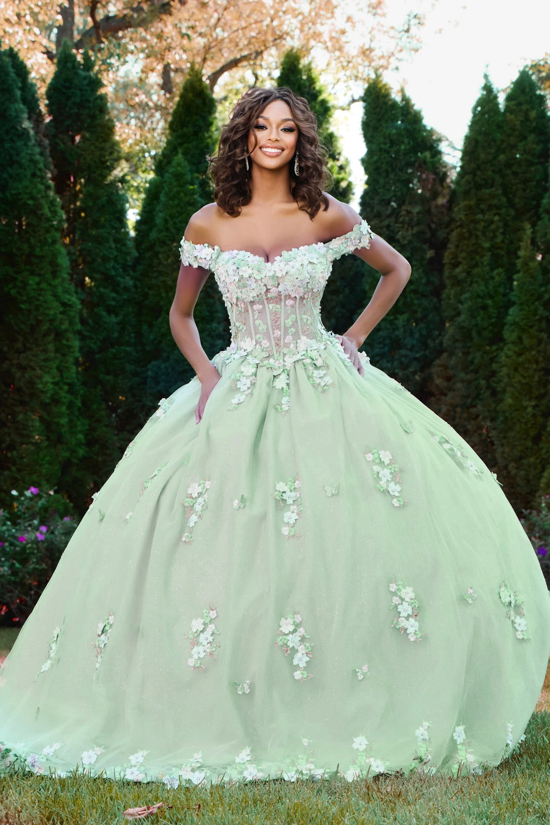 Jovani Q43811 Off the Shoulder Quinceañera Gown with Floral Appliques
