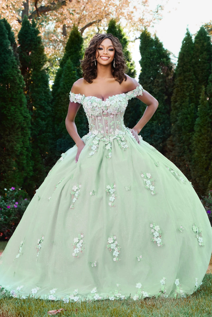 Jovani Q43811 Off the Shoulder Quinceañera Gown with Floral Appliques