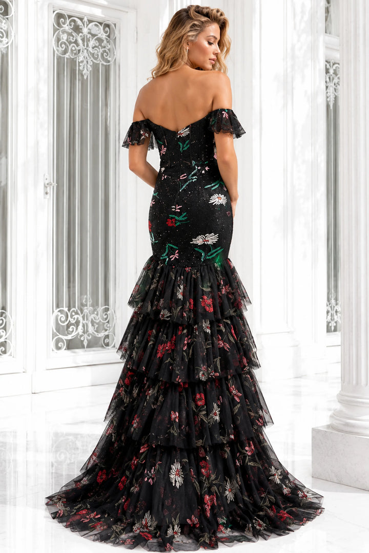 Jovani 43941 Floral Embroidered Mermaid Gown with Tiered Tulle Skirt