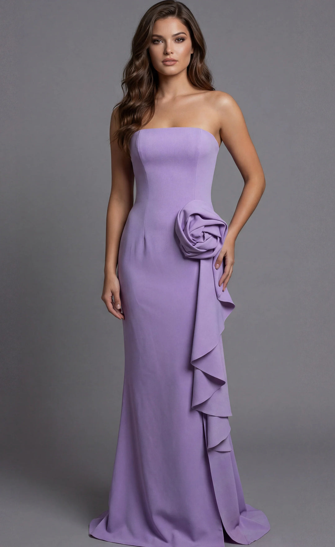 Jovani 44503 Strapless Fitted Gown with Rosette and Side Ruffle