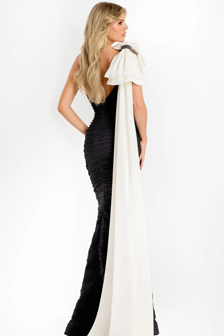 Jovani 45176 Ruched Gown With Oversized Shoulder Bow