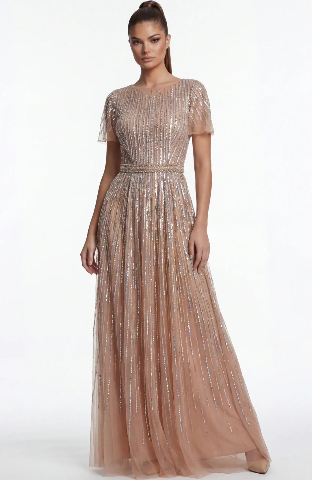 Jovani 46063 A-line gown with linear embellishment, front three-quarter view