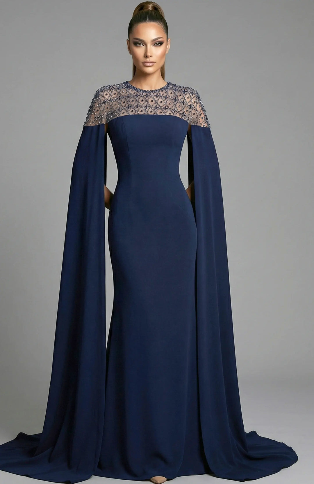 Jovani 46522 high neck column gown with cape sleeves view 3