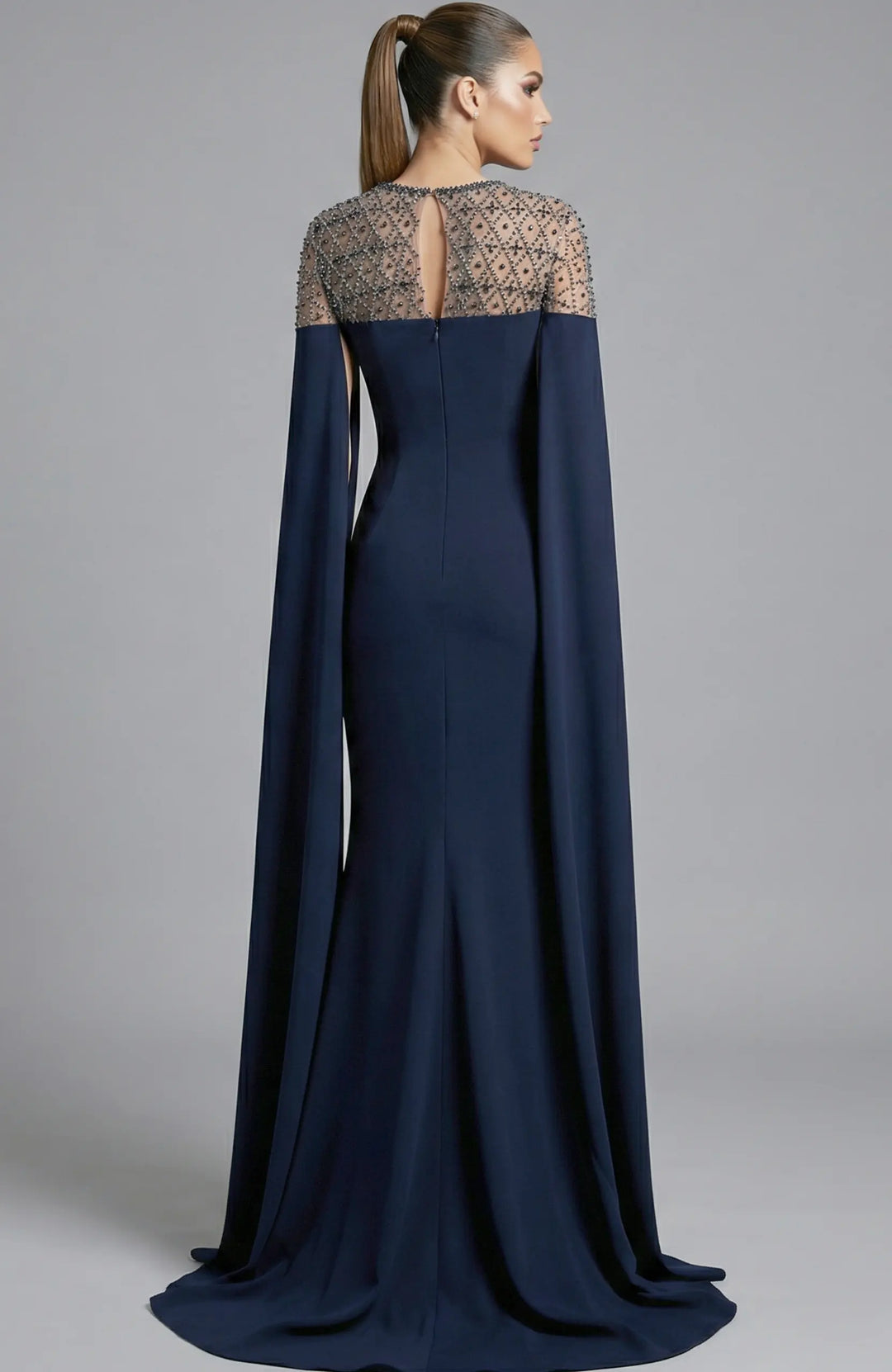 Jovani 46522 high neck column gown with cape sleeves view 2