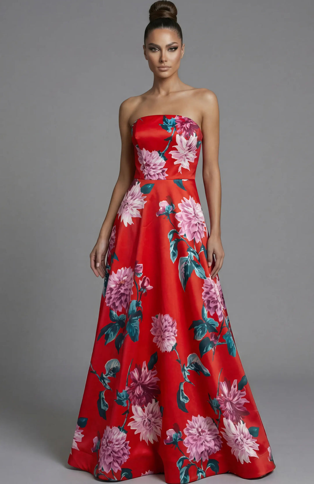 Jovani 46562 strapless floral print A-line gown front view