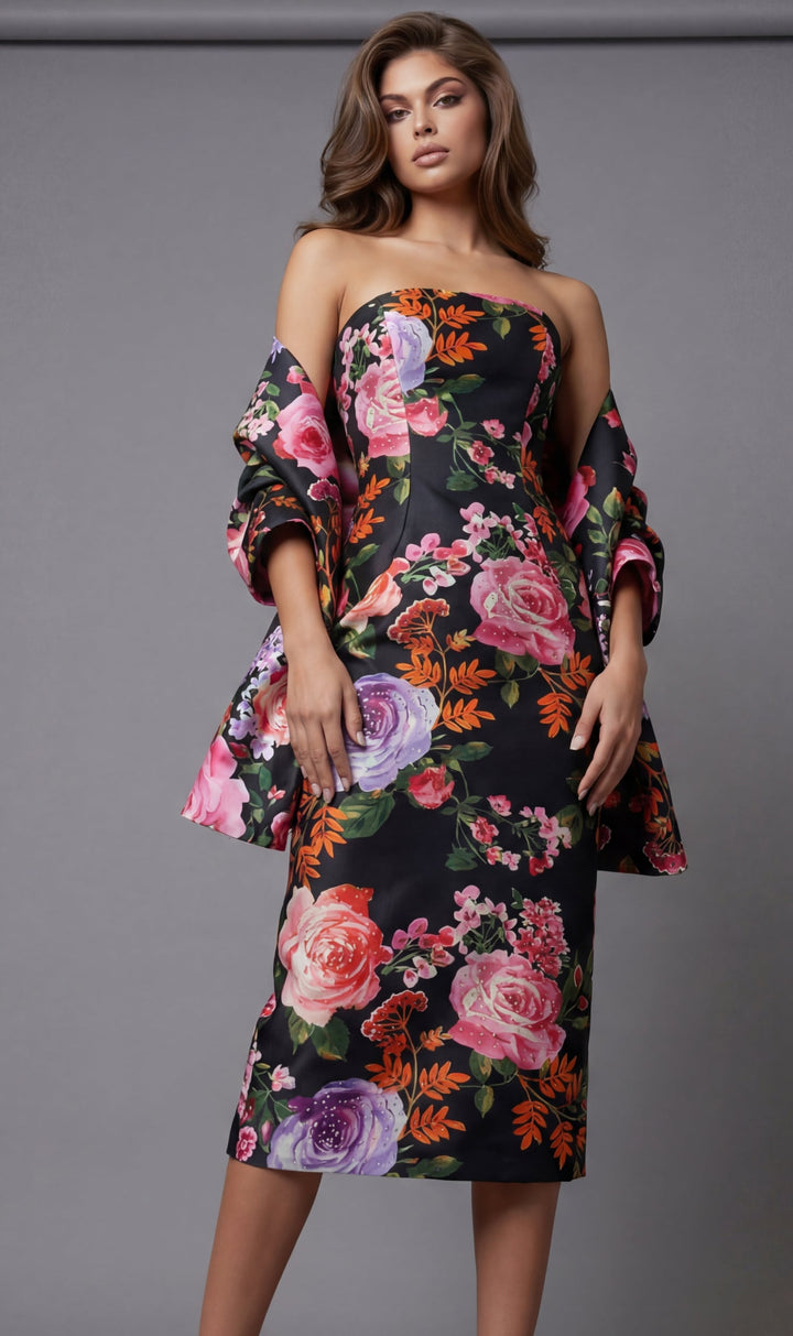 Jovani 46565 Strapless Floral Midi Dress With Fitted Silhouette