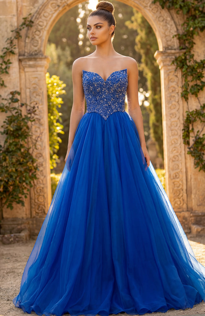 Jovani 47197 Strapless Beaded Ball Gown With Tulle Skirt