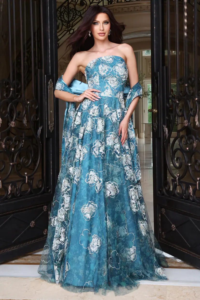 Jovani 47216 strapless floral a-line gown with shawl front view