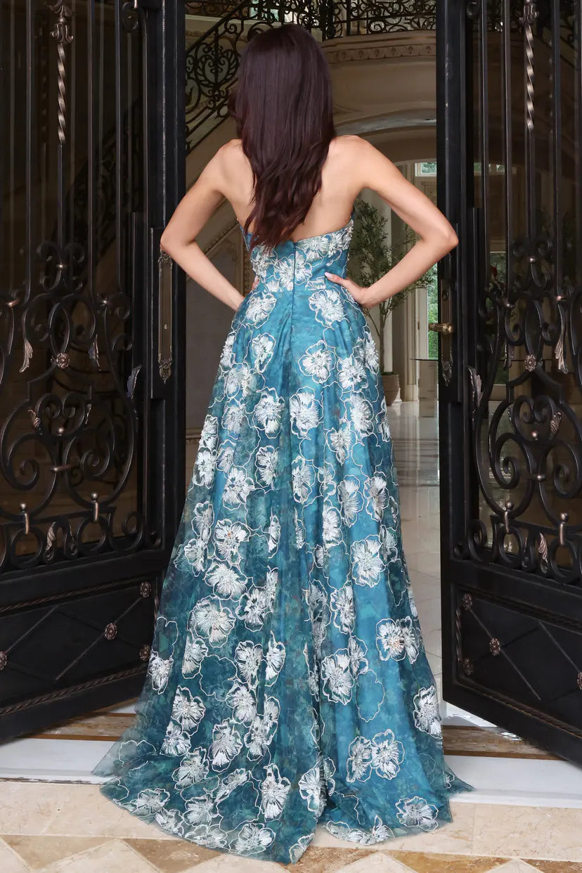 Jovani 47216 strapless floral a-line gown with shawl back view