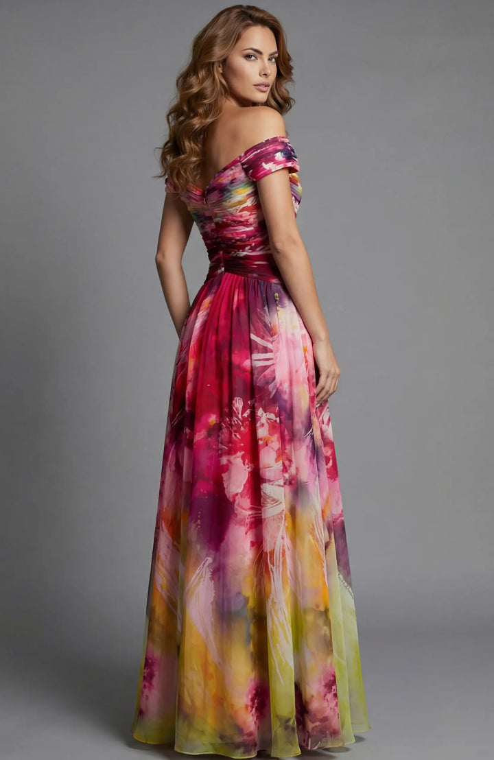 Jovani 47499 V-neck floral print A-line gown with draped bodice view 2