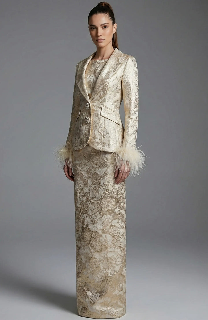 Jovani 48224 brocade jacket and column skirt ensemble front view