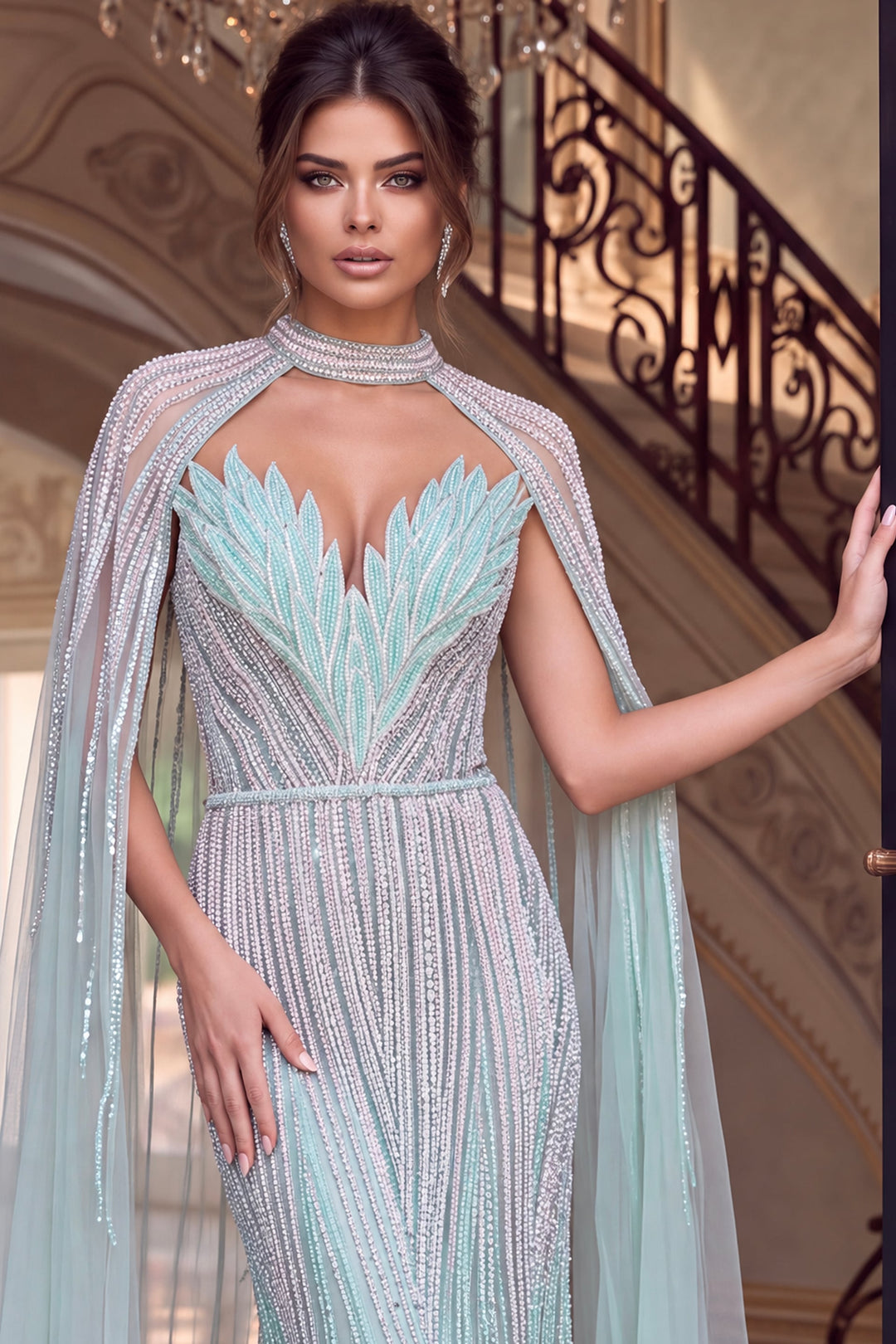Jovani 48421 Beaded Mermaid Gown with High Collar Cape bodice and collar detail