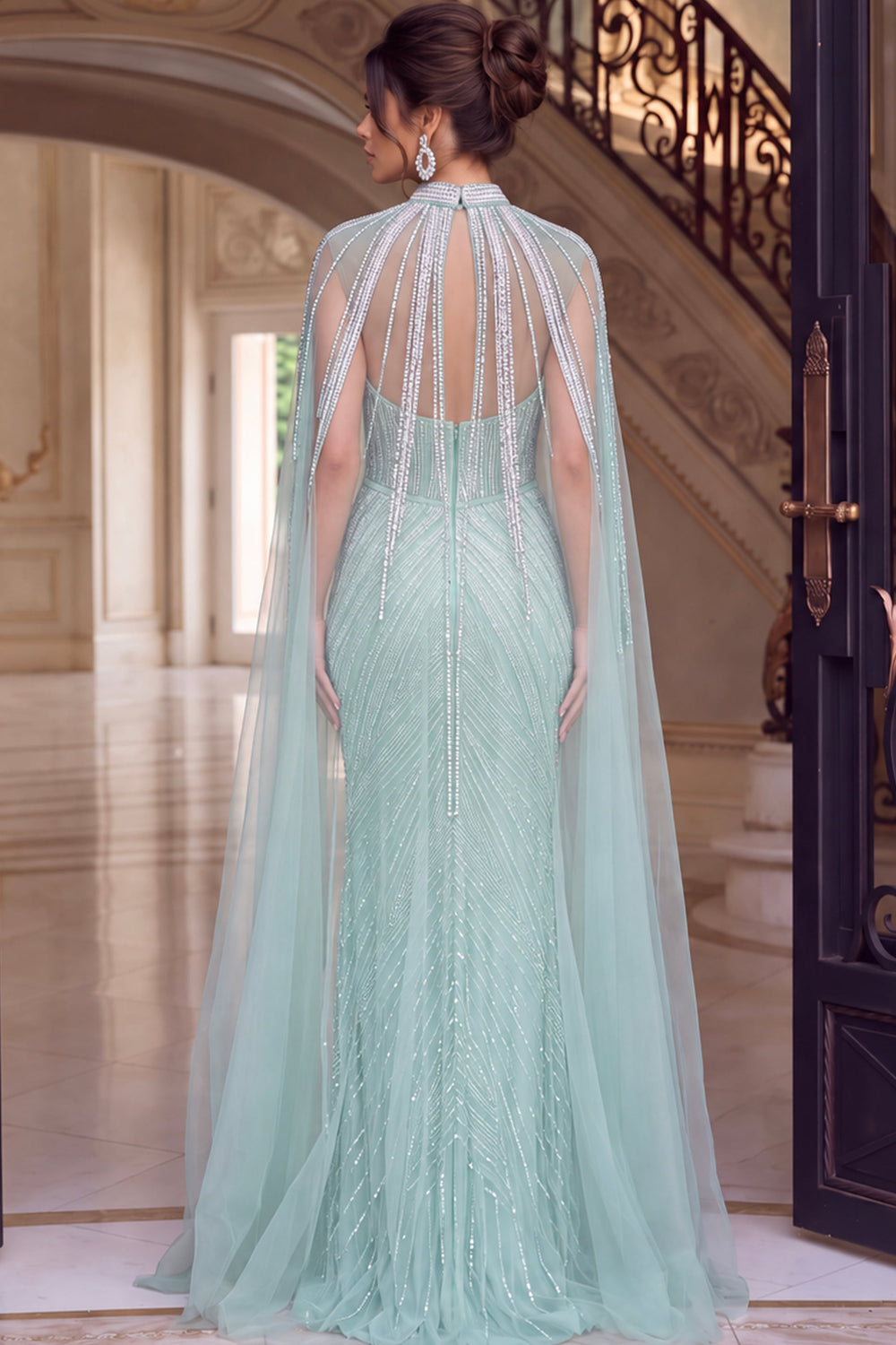 Jovani 48421 Beaded Mermaid Gown with High Collar Cape back view with cape