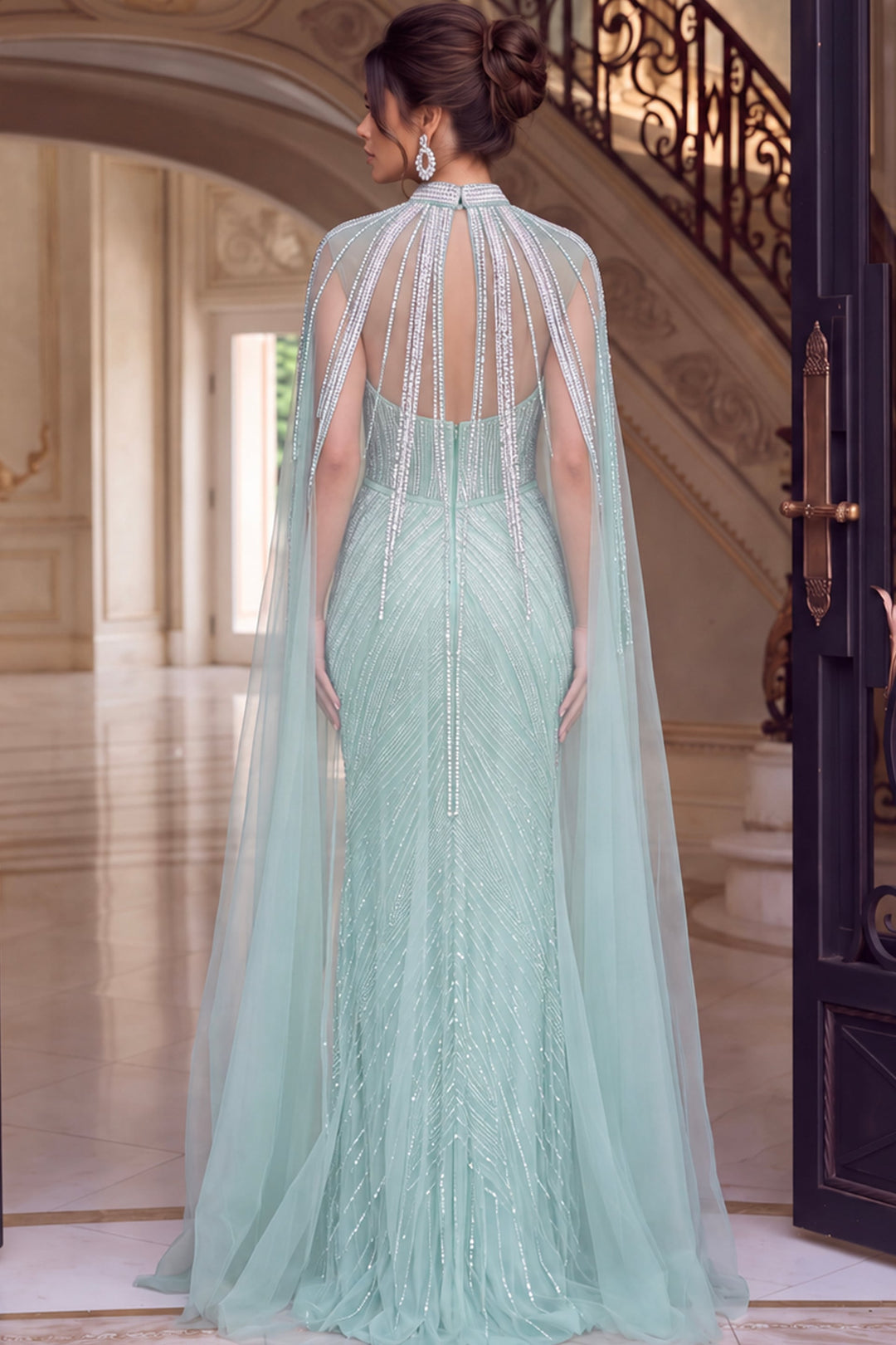 Jovani 48421 Beaded Mermaid Gown with High Collar Cape back view with cape