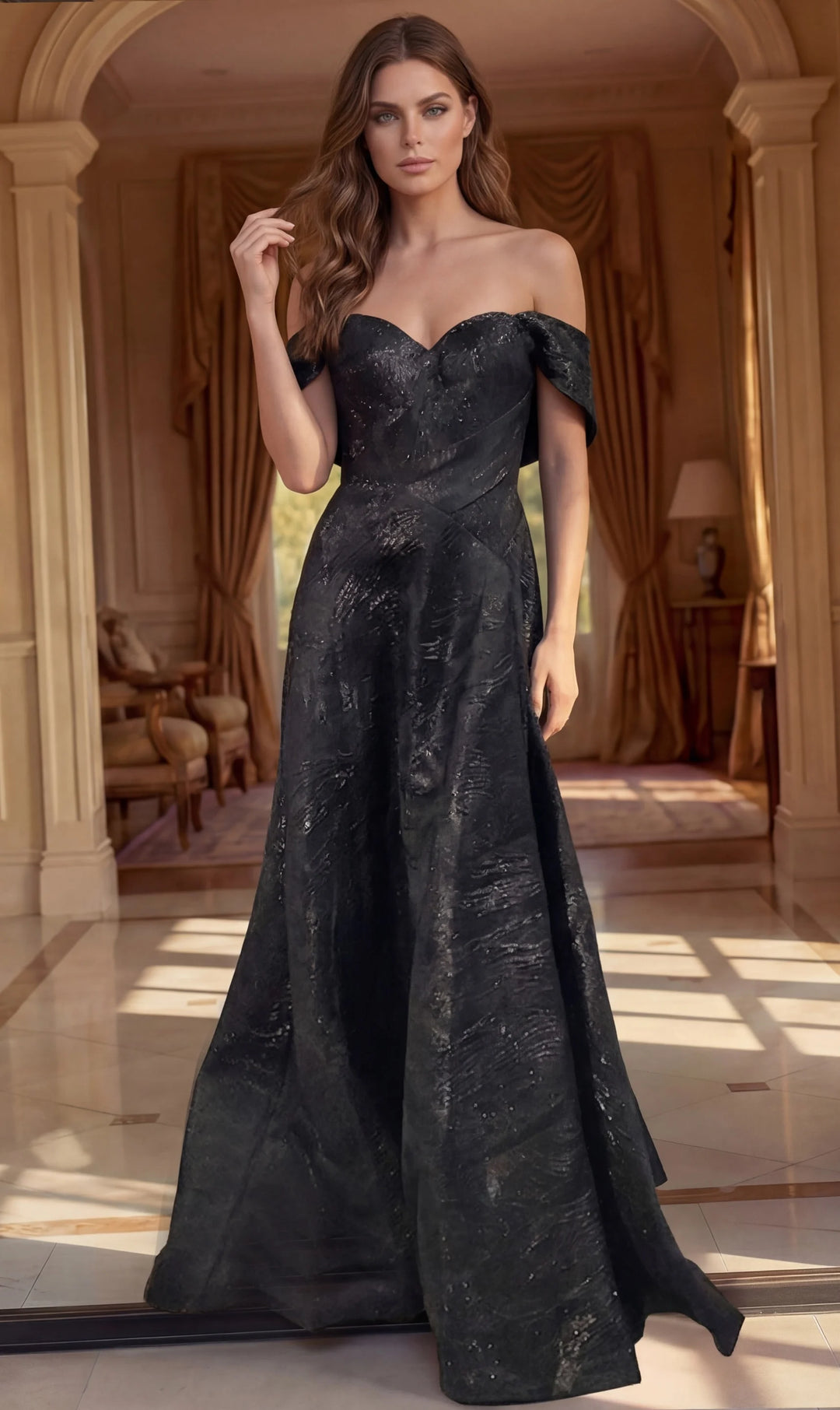 Jovani 48455 Brocade Off Shoulder A Line Gown - FOSTANI.com