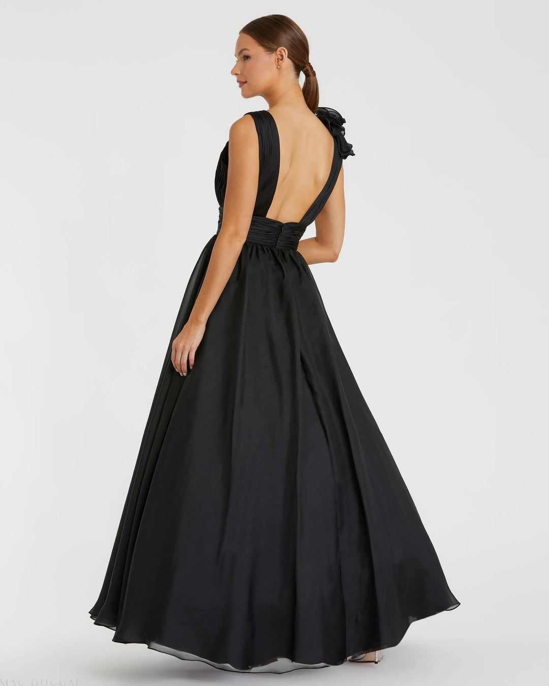 Mac Duggal 9969153P	Black Ruffle Shoulder V-Neck Chiffon Gown