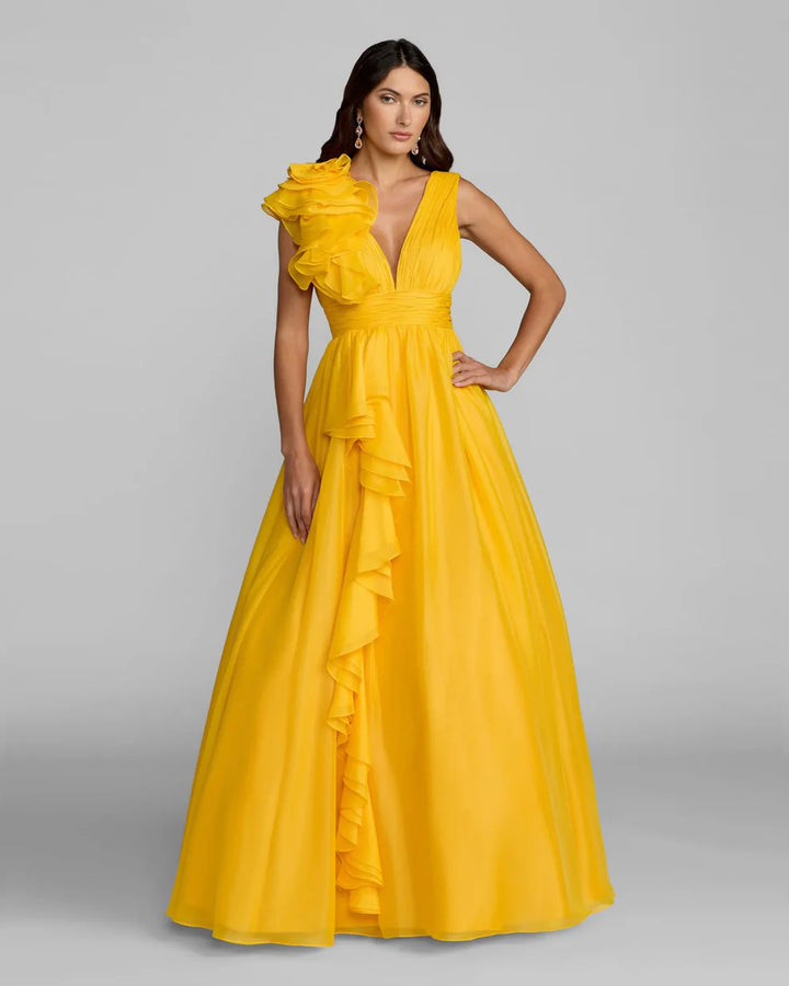 Mac Duggal 9948856P Petite Pink Ruffle Shoulder V-Neck Chiffon Gown
