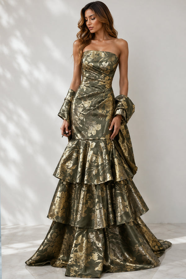 Jovani 49031 Floral Brocade Tiered Mermaid Gown