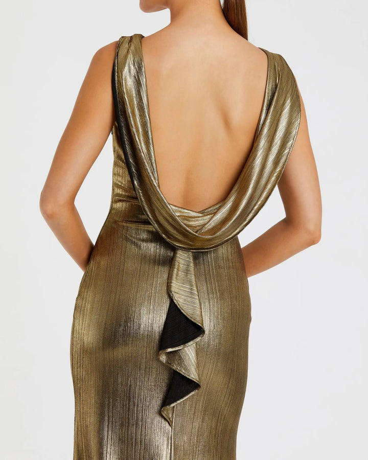 Mac Duggal 9949087P Petite Black Metallic Jersey Cowl Back Column Gown