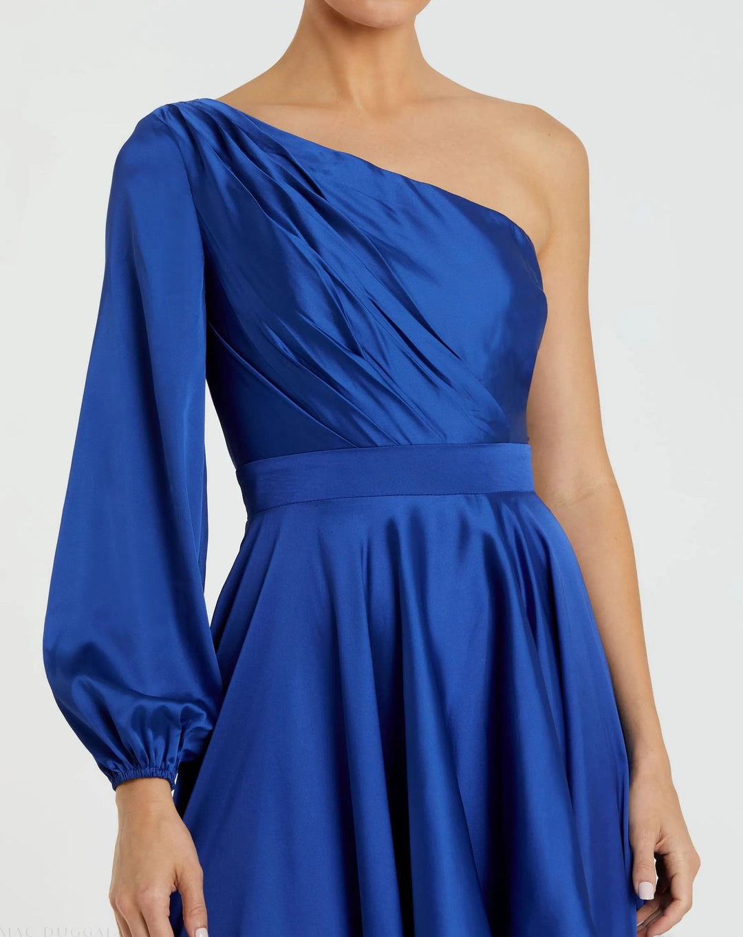 Mac Duggal 49141 Dark Blue Long Sleeve One Shoulder Satin High Low A-line Gown