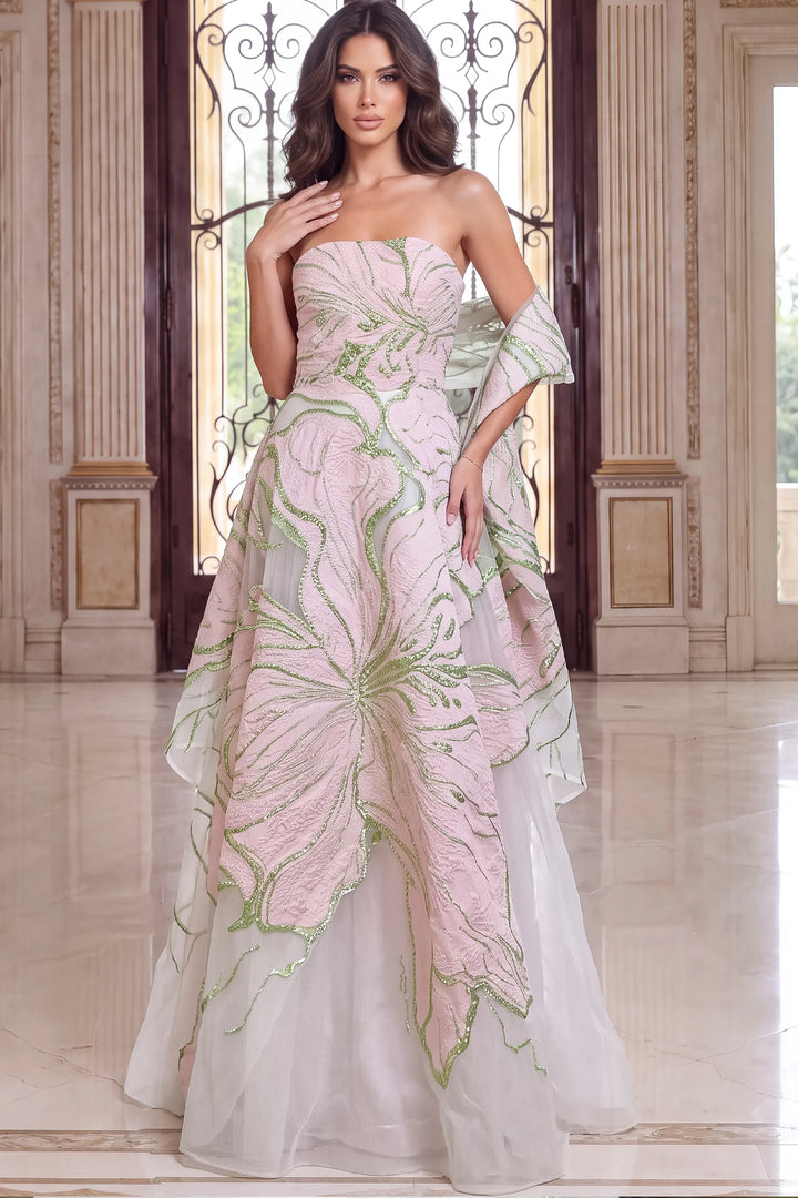 Jovani 49343 strapless floral appliqué ball gown front view
