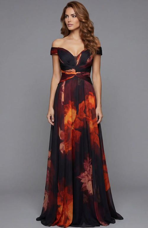 Jovani 49473 Off-the-Shoulder Floral Print A-Line Gown
