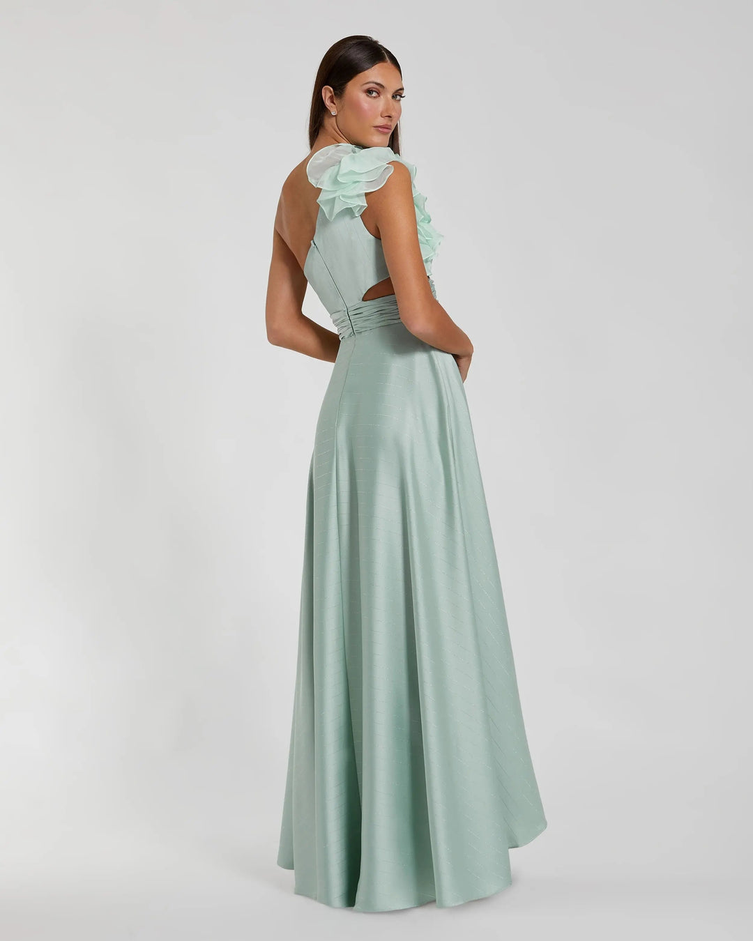 Mac Duggal 49523 Ruffled One Shoulder Cut Out Hi-Low Gown