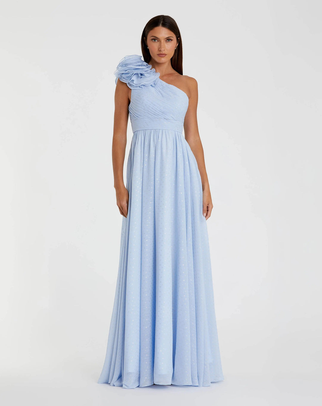 Mac Duggal 49536 One Shoulder Polka Dot Chiffon Gown With Ruffle Detail