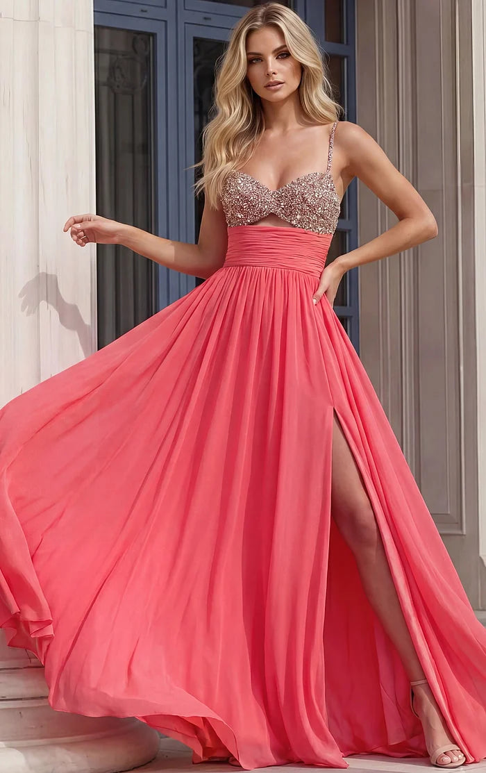 Jovani 49546 Chiffon Gown with Beaded Bodice and High Slit - FOSTANI.com