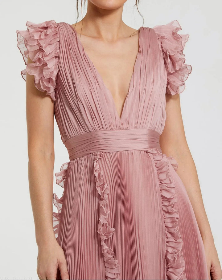 Mac Duggal 49675 Pleated Chiffon V Neck Ruffle Midi Dress