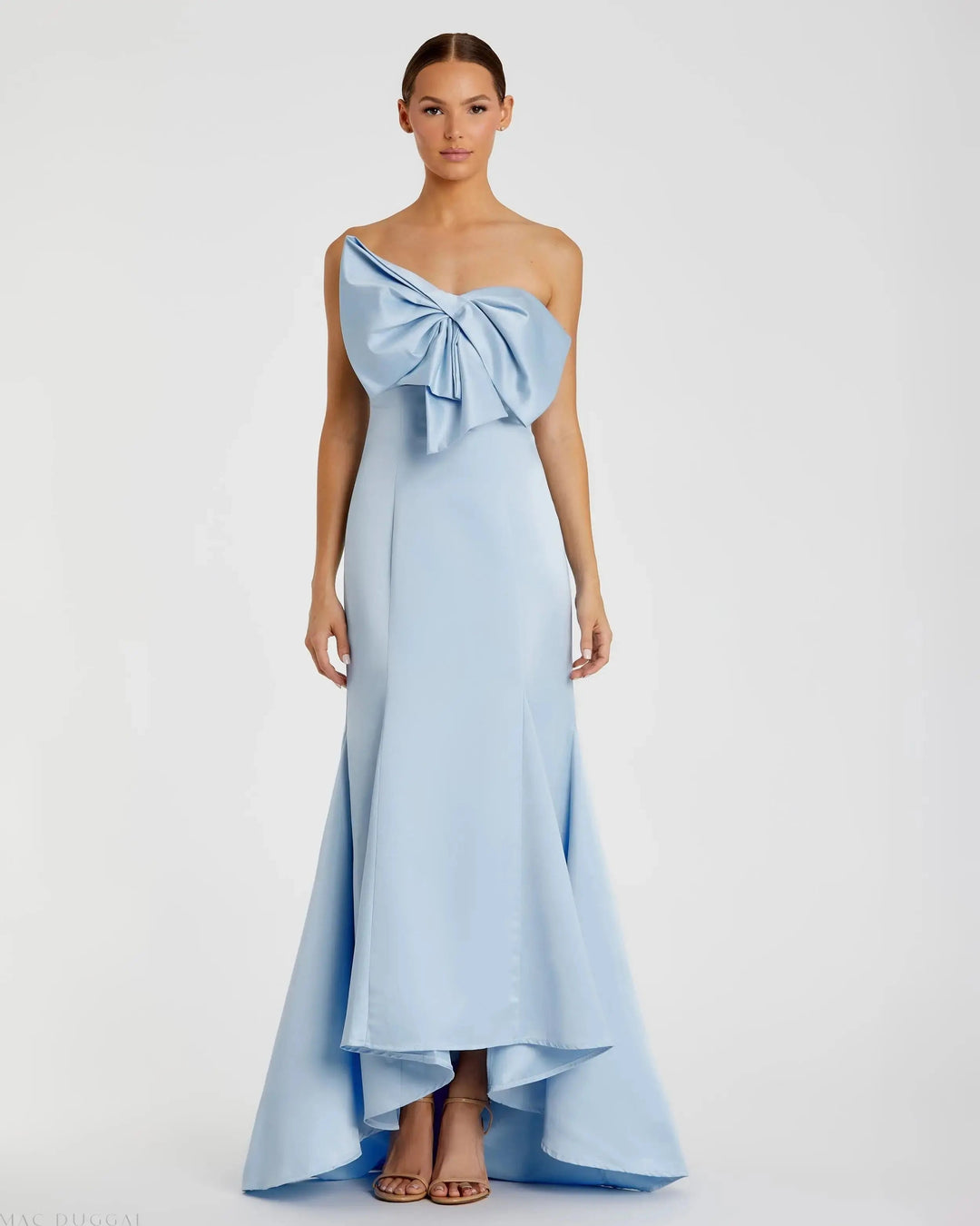 Mac Duggal SATIN Light Blue Strapless Bow Mermaid Gown
