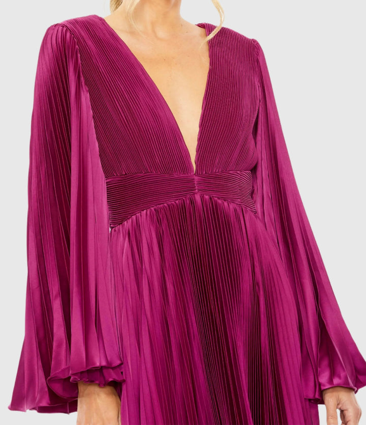 Mac Duggal 49717 Long Flare Sleeve Pleated Dress